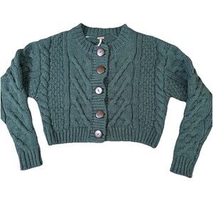 Free‎ People Green Cable-Knit Cardigan Sweater Button Front 100% Cotton XS